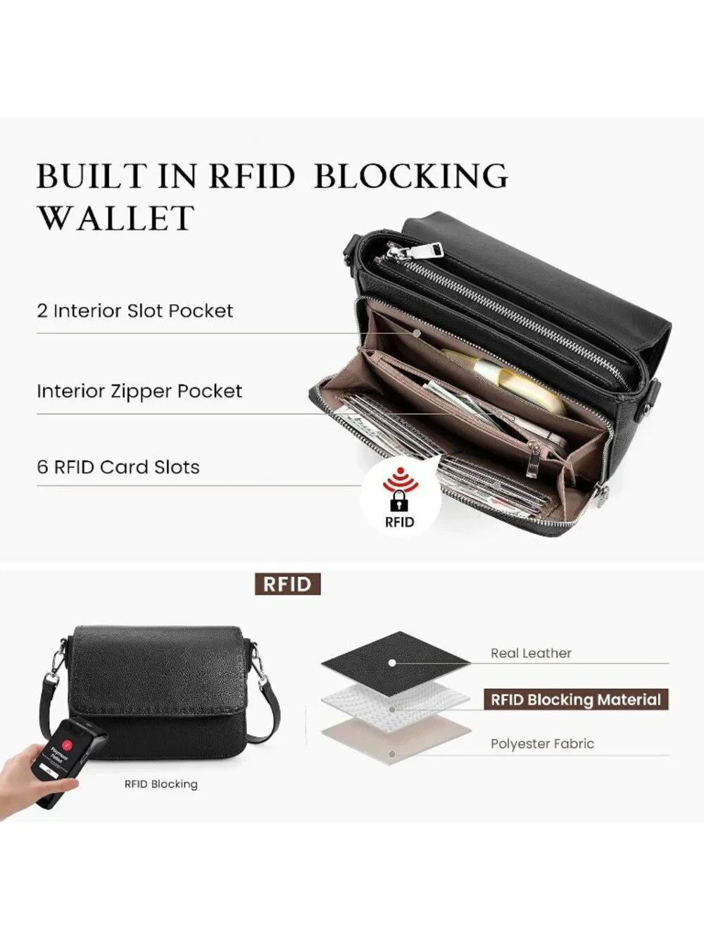 Women's Black Genuine Leather Medium Purse Wallet Travel Crossbody Bag